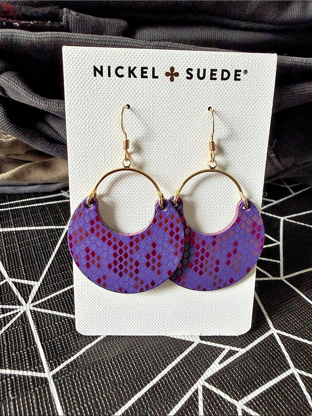 Nickel & Suede Bejeweled Ninas Purple Leather Earrings NWT